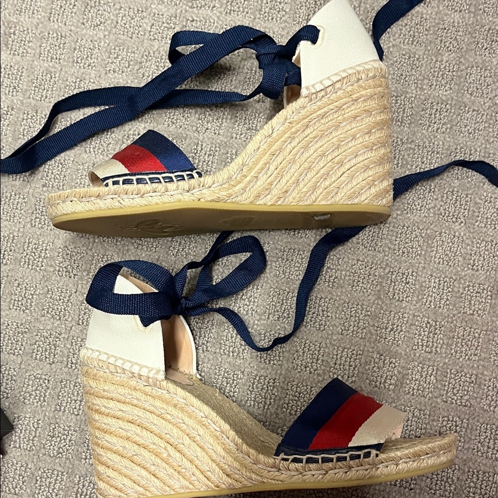 Gucci Navy, Red & Cream Espadrille Wedge Sandals with Ankle Ties - Picture 8 of 10